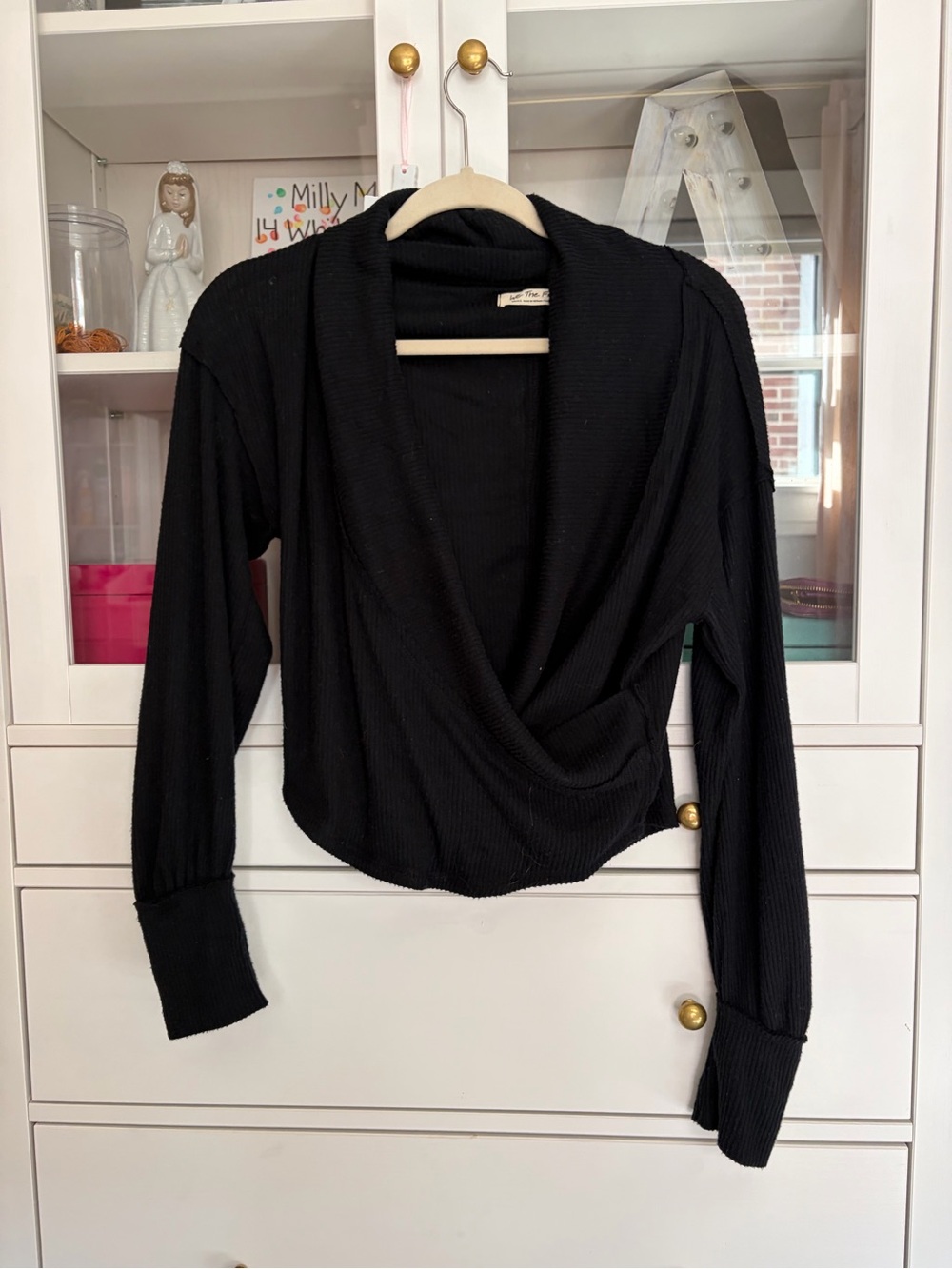 We The Free Black Draped Wrap-Front Long Sleeve Top